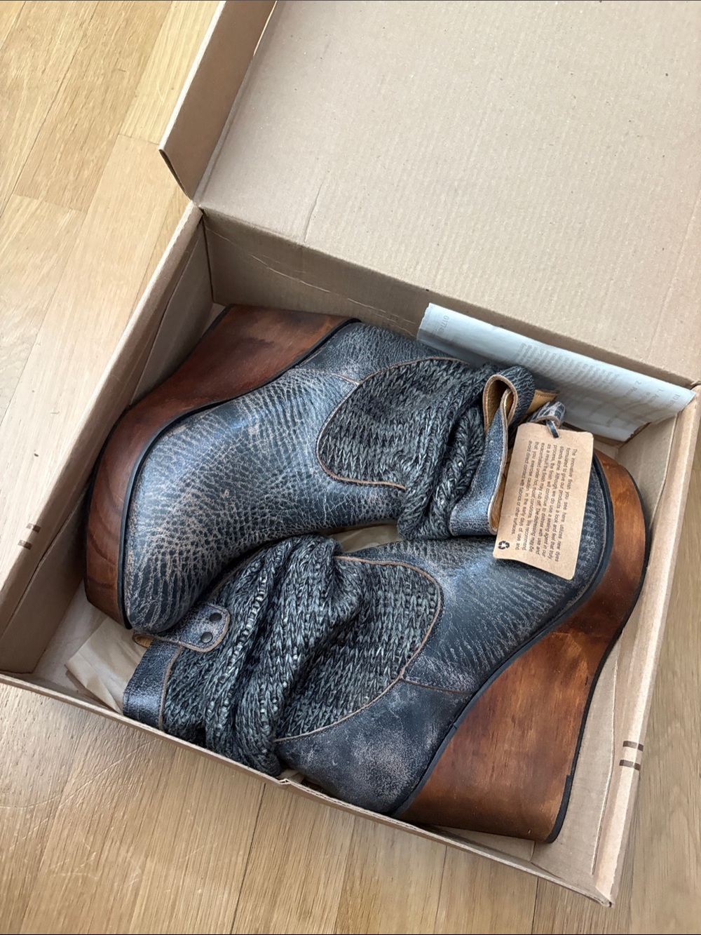 Bed Stu Gray Leather Wedge Booties with Knit Detail